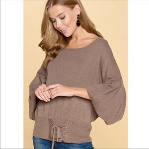 NWT Adorable Bishop Sleeve Sweater W/Lace-up Trim